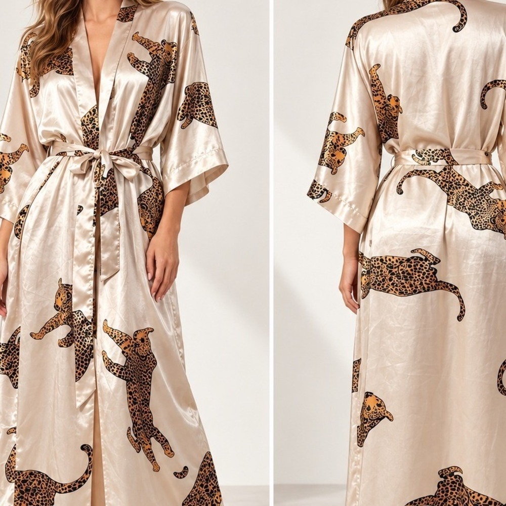 Satin Leopard Print Long Robe Kimono One Size Lounge Glam Boho Sleepwear